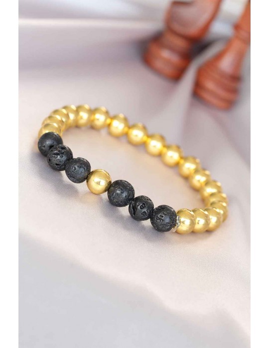 Lav Doğal Taş Detaylı Hematit Gold Renk Erkek Bileklik - TJ-EB3006