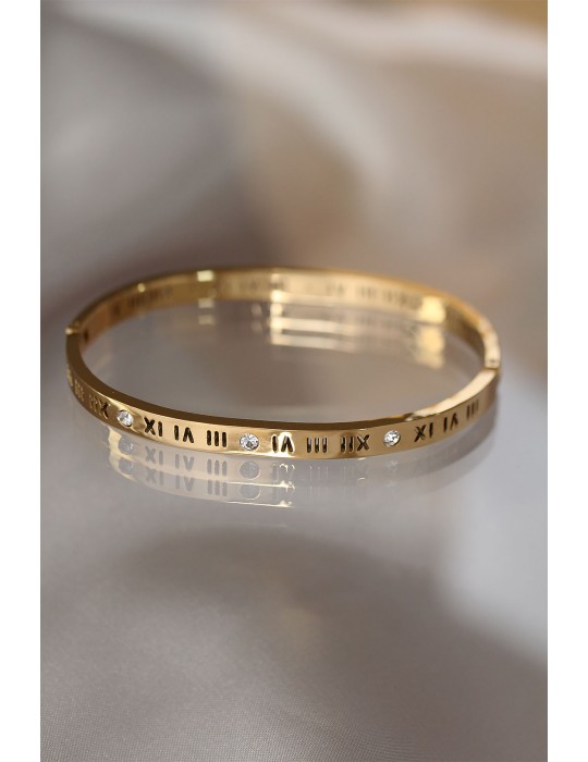316L Çelik Roma Rakamlı Gold Renk Bilezik Kelepçe - TJ-BB3565
