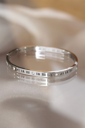 316L Çelik Roma Rakamlı Silver Renk Bilezik Kelepçe - TJ-BB3566