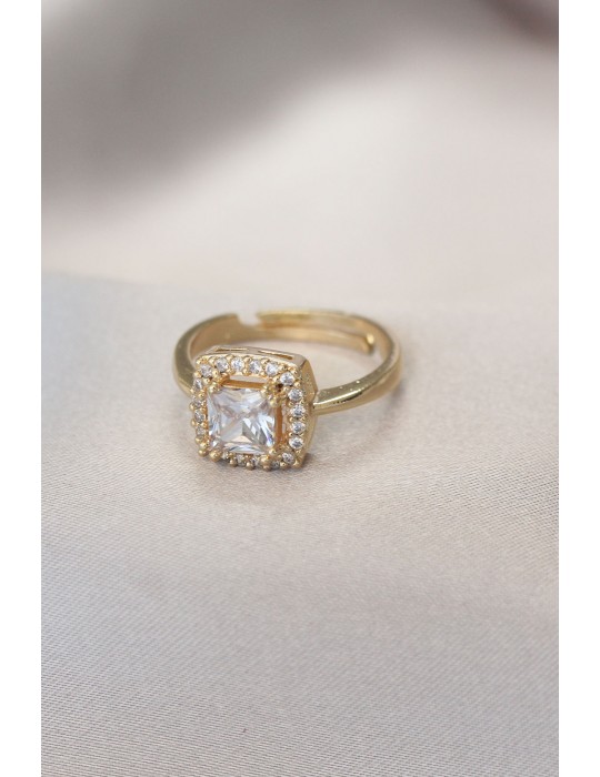 Gold Baget ve Zirkon Taşlı Kare Yüzük - TJ-BYK1739