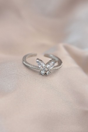 Ayarlamalı Gümüş Renk Metal Zirkon Taş ve Kristal Taşlı Model Yüzük - TJ-BYK2052