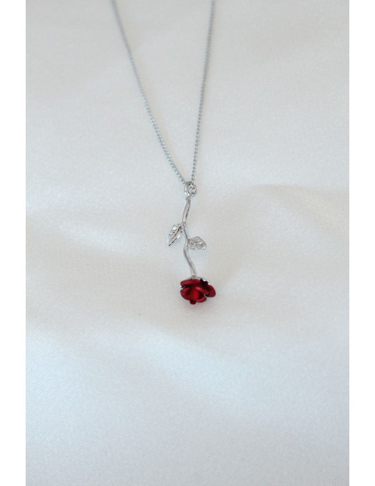 Gümüş Kaplama Kırmızı Gül Figürlü Kadın Kolye - TJ-BKO6441