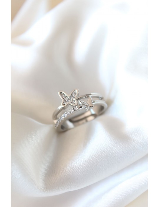 Zirkon Taşlı Gümüş Kaplama Kelebekli Kadın Yüzük - TJ-BYK2320