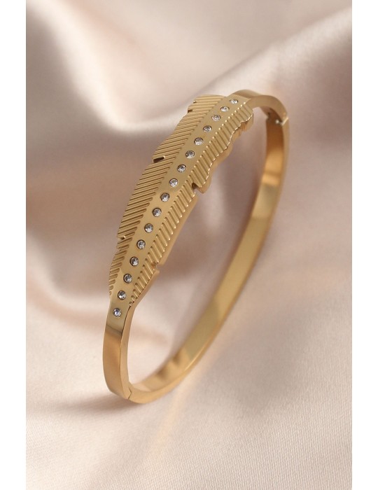 Gold Renk Yaprak Model Zirkon Taş Detay Kelepçe Kadın Bileklik - TJ-BB4681