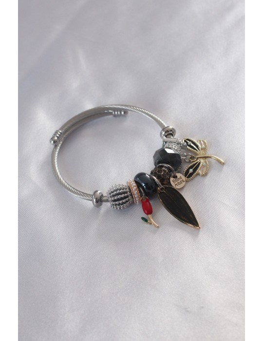 Çelik Charm Model Siyah Figür Yaprak Detay Kadın Bileklik - TJ-BB4795