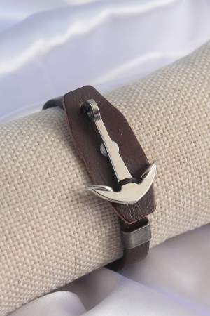 Kahverengi Deri Model Gümüş Renk Çapa Figür Erkek Bileklik - TJ-EB3573