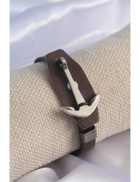 Kahverengi Deri Model Gümüş Renk Çapa Figür Erkek Bileklik - TJ-EB3573