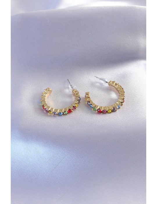 Gold Renk Yarım Halka Model Renkli Kristal Taşlı Kadın Küpe - TJ-BKP7268