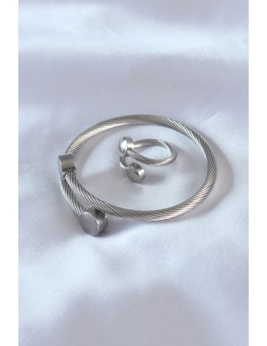 Çelik Gümüş Renk Sıkı Burgu Model Erkek Bileklik Yüzük Seti - TJ-EB3591