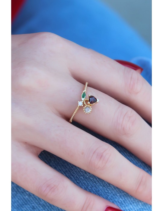 Gold Renk Kiraz Model Zirkon Taşlı Kadın Yüzük - TJ-BYK2603