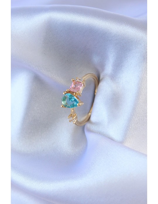 Gold Renk Renkli Zirkon Taşlı Pirinç Kadın Yüzük - TJ-BYK2715