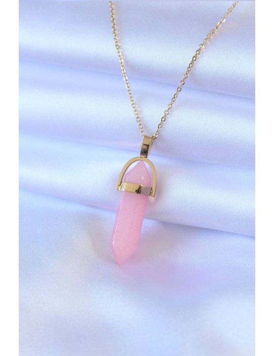 316L Çelik Gold Renk Kristal Pembe Taş Model Kadın kolye - TJ-BKO7472