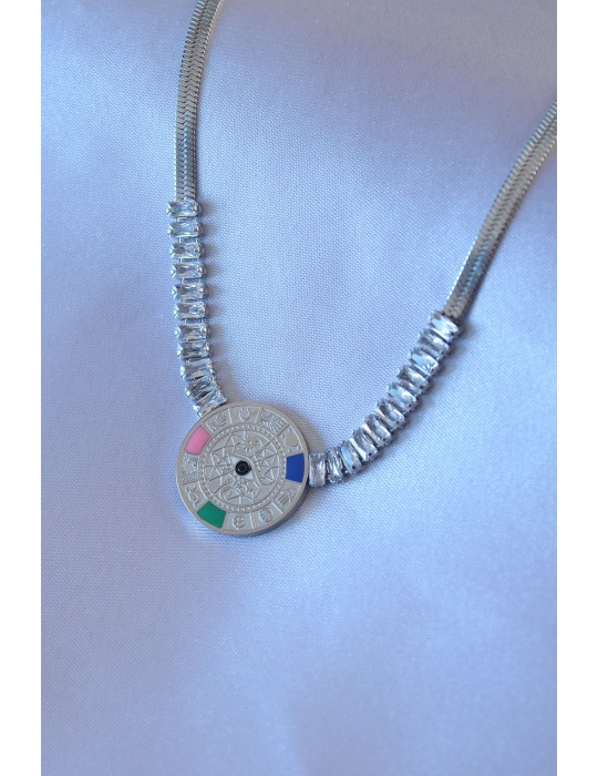 316L Çelik Gümüş Zirkon Taşlı İtalyan Zincir Burç İşeleme Madalyon Kadın Kolye - TJ-BKO7520