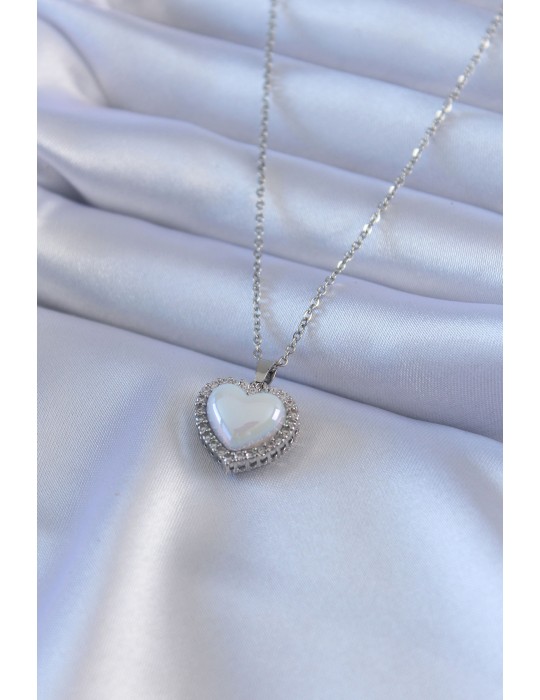 316L Çelik Gümüş Renk İncili Kalp Model Zirkon Taşlı Kadın Kolye - TJ-BKO7567