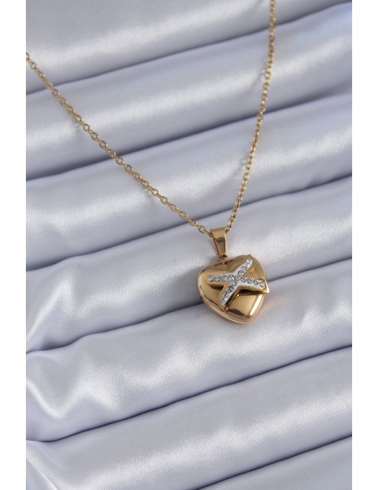 316L Çelik Gold Renk Zirkon Detay Kalp Model Kadın Kolye - TJ-BKO7626