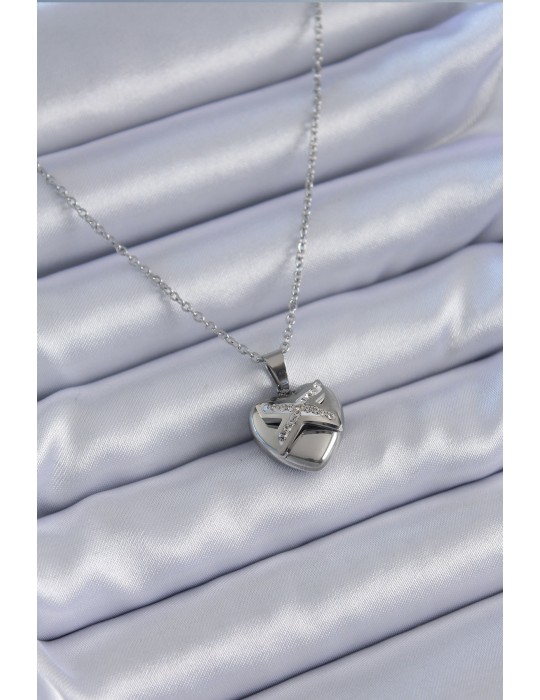 316L Çelik Gümüş Renk Zirkon Taşlı Kalp Model Kadın Kolye - TJ-BKO7627