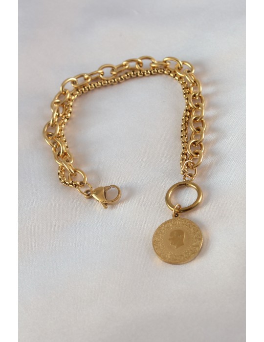 316L Çelik Gold Renk 2'li Zincir Model Altınlı Kadın Bileklik - TJ-BB5452
