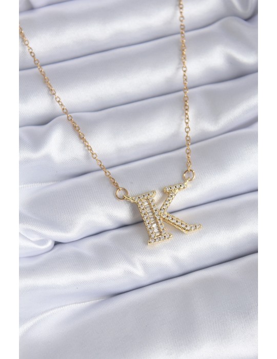 316L Çelik Gold Renk K Harf Model Zirkon Taşlı Kadın Kolye - TJ-BKO7712