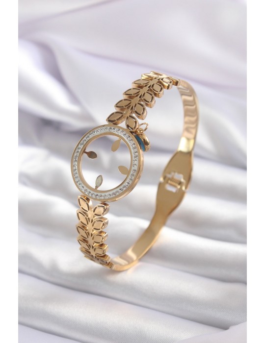 316L Çelik Gold Renk Takılabilen Zirkon Taş Detay Kadın Kelepçe - TJ-BB5548