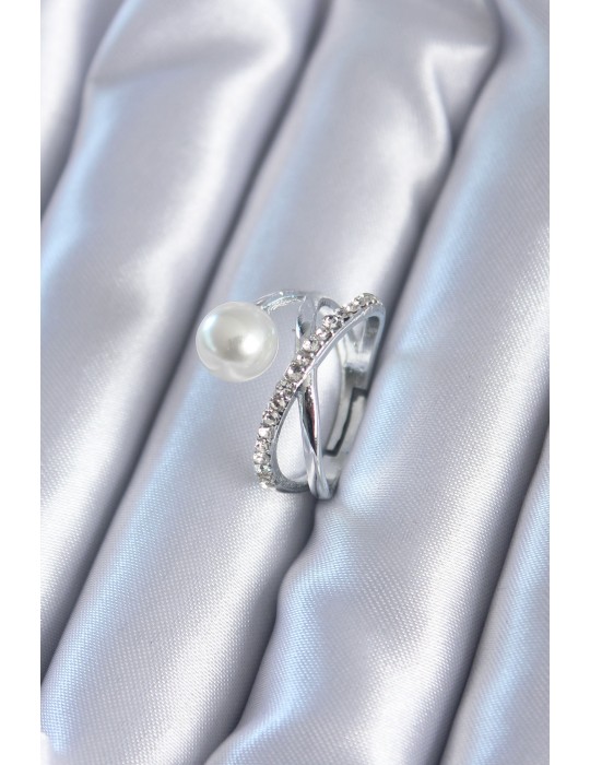 Gümüş Renk Zirkon Taşlı İncili Kadın Yüzük - TJ-BYK2807