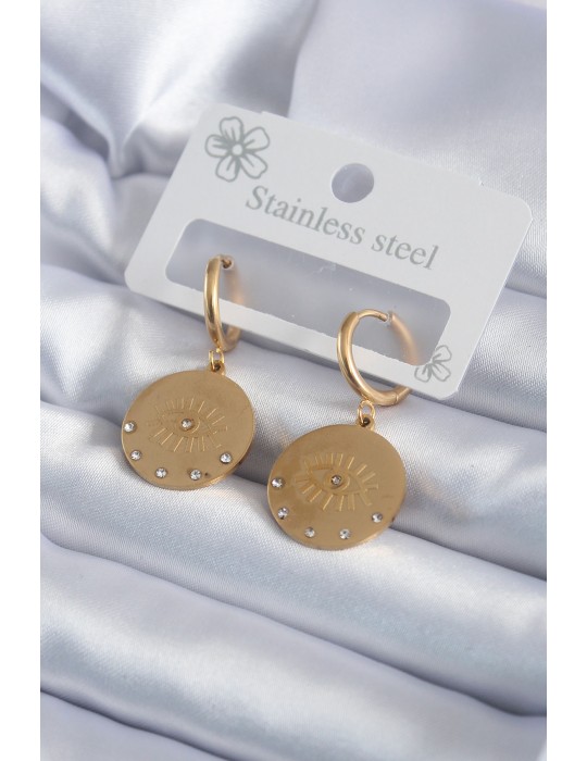 316L Çelik Gold Renk Zirkon Taşlı Göz İşleme Model Kadın Küpe - TJ-BKP7985