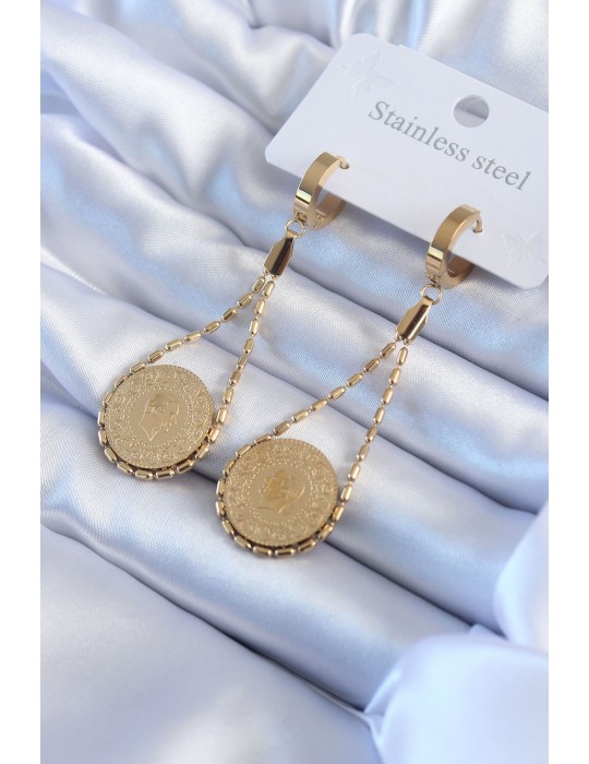 316L Çelik Gold Renk Çyrek Model Kadın Küpe - TJ-BKP8017