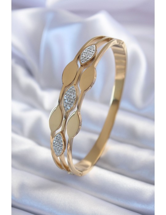316L Çelik Gold Renk Arpa Model Zirkon Taş Detay Kadın Kelepçe Bileklik - TJ-BB5600