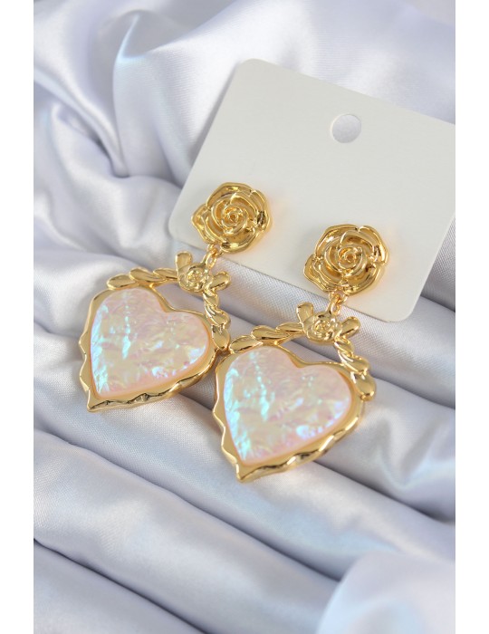 Gold Renk Gül Sallantı Kalp Model Pirinç VİP Kadın Küpe - TJ-BKP8044