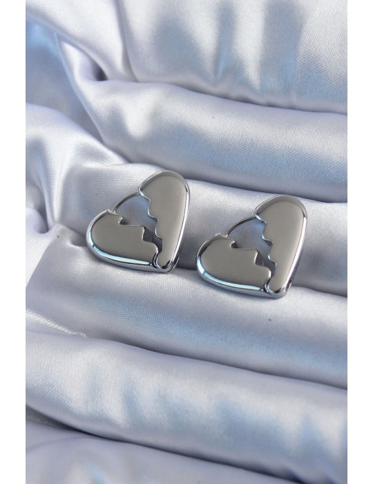 Gümüş Renk Kırık Kalp Model Pirinç Kadın Küpe - TJ-BKP8083