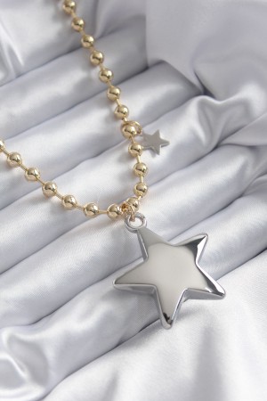 Pirinç Gold Renk Topçuk Zincir Gümüş 3D Yıldız Model Yıldız Detay VİP Kadın Kolye - TJ-BKO7887 Pirinç Gold Renk Topçuk Zincir Gümüş 3D Yıldız Model Yıldız Detay VİP Kadın Kolye - TJ-BKO7887