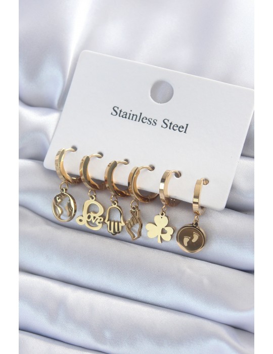 316L Çelik Gold Renk Çoklu Figür Model Kadın Küpe Seti - TJ-BKP8142