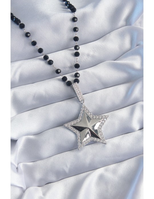 Gümüş Renk Siyah Boncuk Zirkon Taşlı Pirinç Yıldız Model VİP Seri Kadın Kolye - TJ-BKO8016