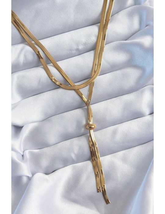 316L Çelik Gold Renk 2'li İtalyan Zincir Asansör Model Sallantı Detay Kadın Kolye - TJ-BKO8025