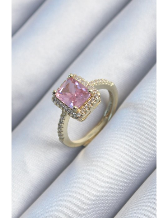 Pirinç Gold Renk Pembe Zirkon Taşlı Kadın Yüzük - TJ-BYK2902