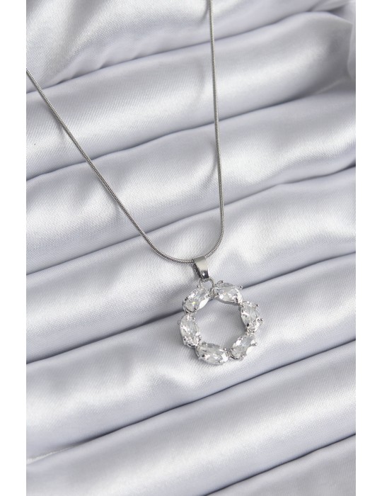 316L Çelik Gümüş Renk Zirkon Taşlı Kadın Kolye - TJ-BKO8137