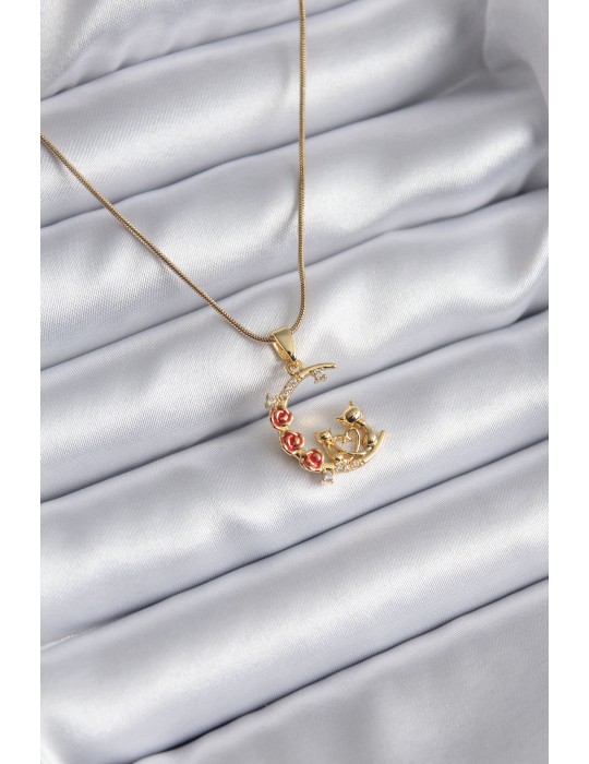 316L Çelik Gold Renk Hilal Kedi Model Zirkon Taşlı Detay Kadın Kolye - TJ-BKO8140