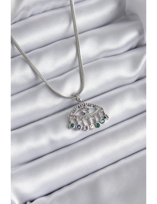 316L Çelik Gümüş Renk İtalyan Zincir Zirkon Taşlı Göz Figür Kadın Kolye - TJ-BKO8146