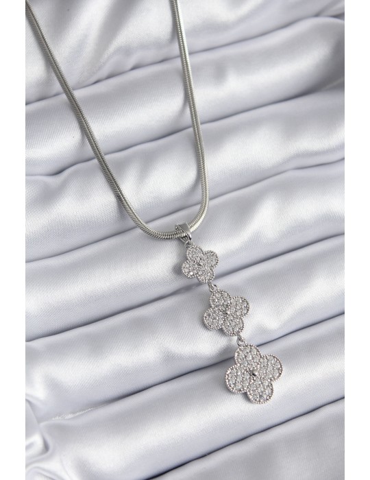 316L Çelik Gümüş Renk İtalyan Zincir Zirkon Taşı Yonca Model Kadın Kolye - TJ-BKO8152
