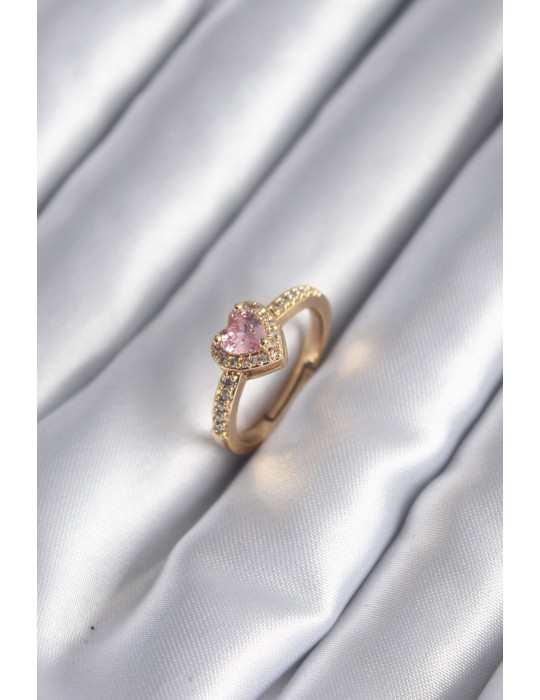 Pirinç Gold Renk Pembe Zirkon Taş Kalp Charm Model Kadın Yüzük - TJ-BYK2957
