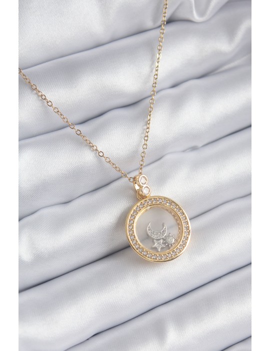 316L Çelik Gold Renk Zirkon Taş Detay Ay Yıldız Fanus Model Kadın Kolye - TJ-BKO8194