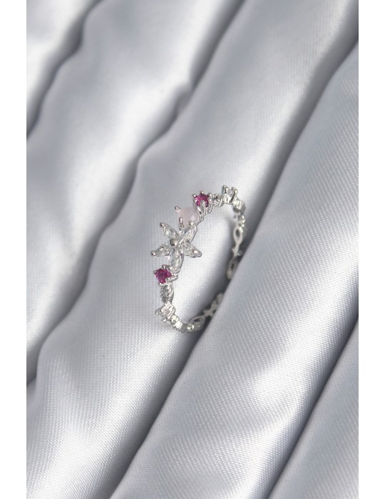 Pirinç Gümüş Renk Zirkon Taşlı Çiçek Model Pembe Zirkon Taş Detay Kadın Yüzük - TJ-BYK2984