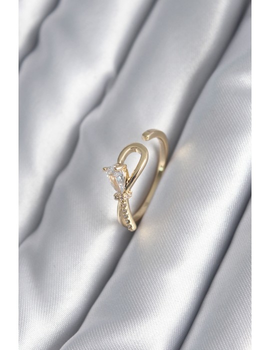 Pirinç Gold Renk Zirkon Taş Detay Kurdele Model Kadın Yüzük - TJ-BYK2991