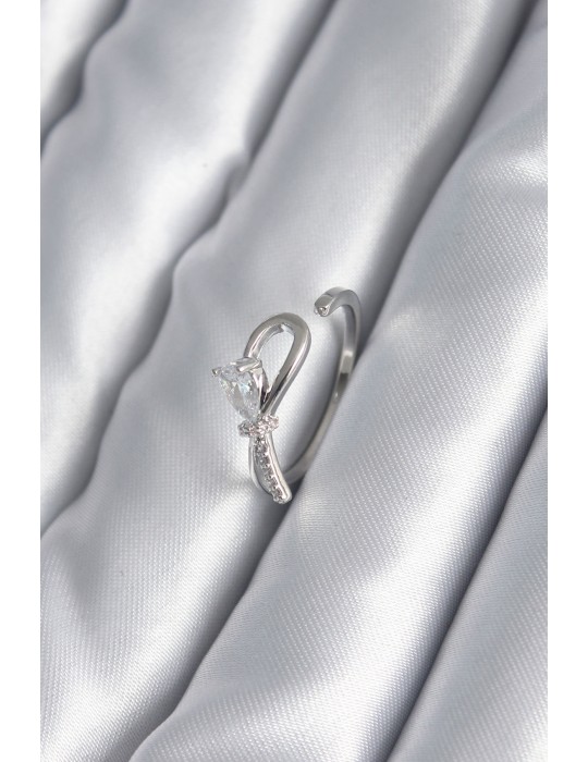 Pirinç Gümüş Renk Zirkon Taş Detay Kurdele Model Kadın Yüzük - TJ-BYK2992