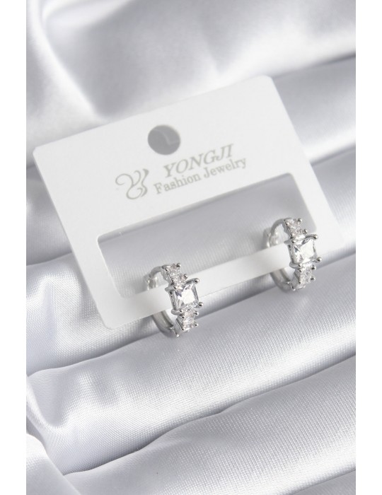 Pirinç Gümüş Renk Zirkon Taşlı Kadın Küpe - TJ-BKP8341