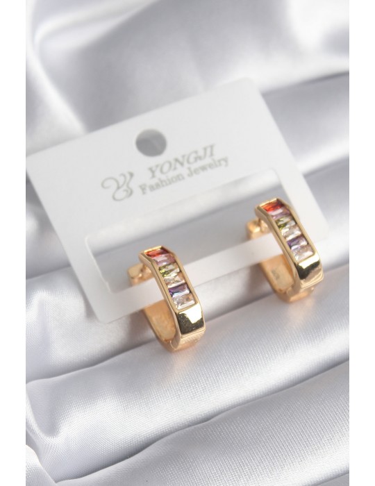 Pirinç Gold Renk Renkli Zirkon Taşlı Kadın Küpe - TJ-BKP8354