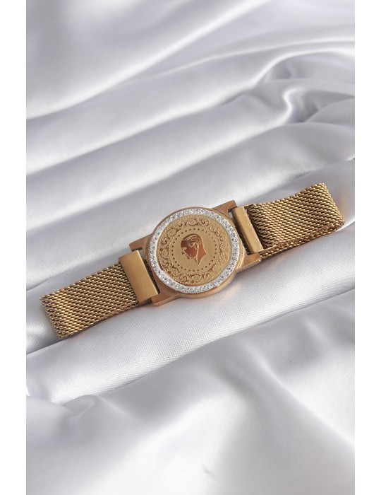 316L Çelik Gold Renk Mıknatıslı Hasır Zirkon Taşlı Çeyrk Altın Model Kadın Bileklik - TJ-BB5820