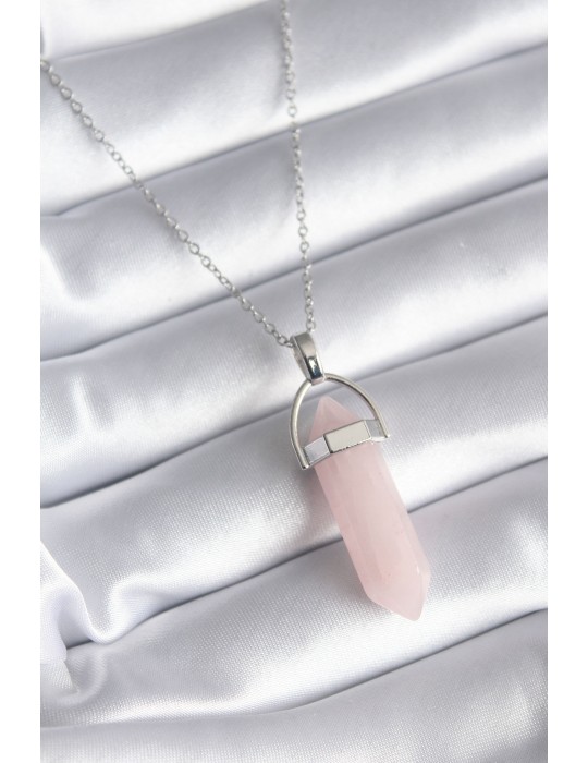 316L Çelik Gümüş Renk Pembe Taşlı Kadın Kolye - TJ-BKO8244