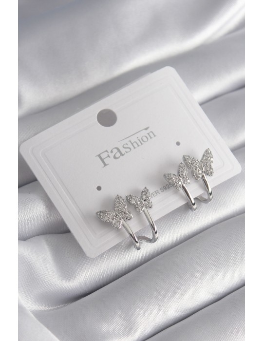 Pirinç Gümüş Renk Zirkon Taşlı Model Kadın Küpe - TJ-BKP8423