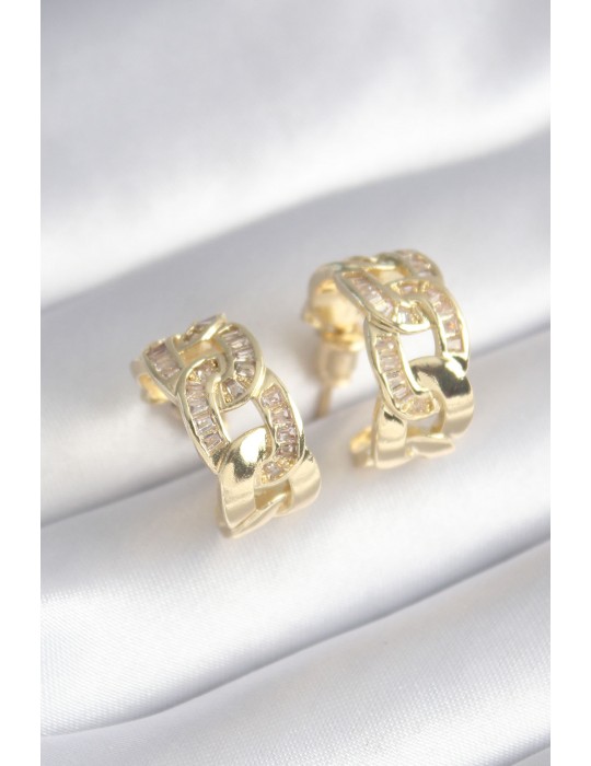 Pirinç Gold Renk Zirkon Taş Detay Zincir Model Kadın Küpe - TJ-BKP8452