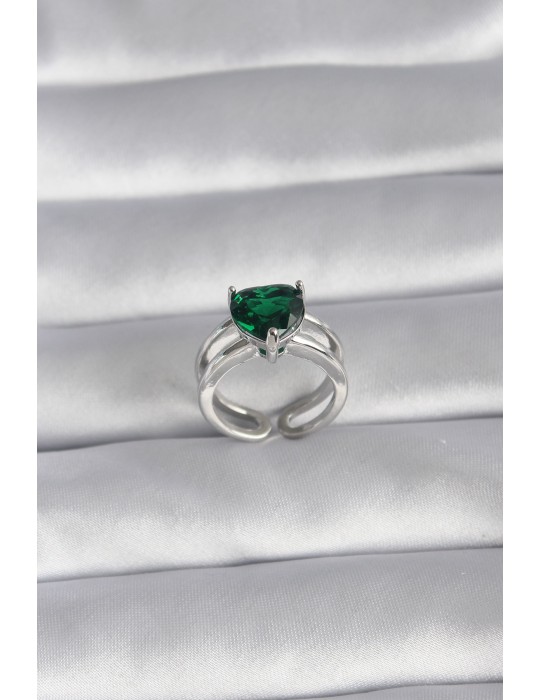 Pirinç Gümüş Renk Yeşil Zirkon Taşlı Tek Taş Model Kadın Yüzük - TJ-BYK3026